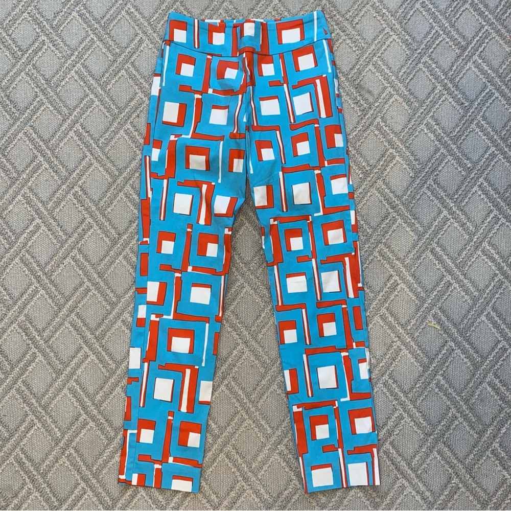 Krazy Larry retro groovy skinny ankle pants aqua blue & orange fun print size 2